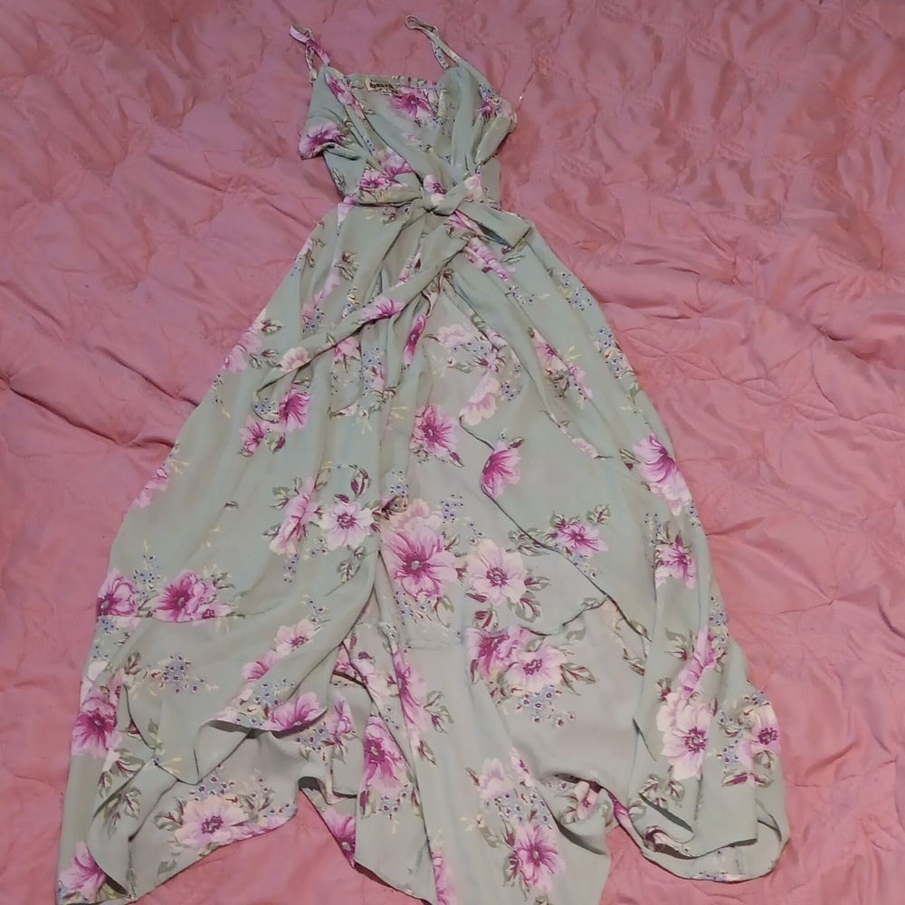 Inspired hearts teal floral evening gown with leg slit